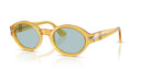 Mutard-framed sunglasses with blue lenses on a white background