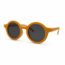 Round sunglasses with orange frame and dark lenses on a white background