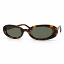 Sunglasses with tortoiseshell frame and dark lenses on a white background