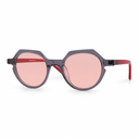 Sunglasses with pink lenses and red accents on a white background