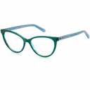 A pair of cat-eye eyeglasses with a translucent teal-green front frame and light blue temples, shown on a clean white background.
