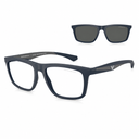 Blue eyeglasses, with clip-on, shown from the front and side, with dark gray lenses, on a clean white background.