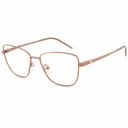 A pair of metal eyeglasses frames in a warm rose gold finish, featuring clear lenses and small logo accents on the temples, set against a plain white background.