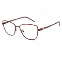 A pair of metal eyeglasses with a dark burgundy frame and small geometric logo accents on the temples, shown against a plain white background.