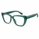 Green translucent acetate eyeglass frames with a thick double-bridge design and cat-eye shaped rims, shown on a plain white background.