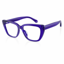 A pair of translucent purple acetate cat-eye eyeglasses on a clean white background.