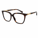 A pair of cat-eye style eyeglasses featuring a dark brown and black tortoiseshell acetate frame with gold-tone hardware at the hinge, set against a plain white background.