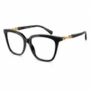 Black cat-eye eyeglasses with gold-tone decorative hardware at the hinge, shown on a clean white background.
