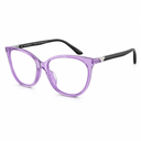 A pair of cat-eye style eyeglasses featuring translucent purple frames and black temples with small silver rhinestone accents at the hinge, shown on a plain white background.