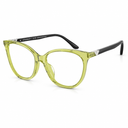 Cat-eye eyeglasses with a translucent lime green frame and black temples, shown on a clean white background.