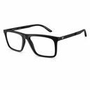 Black rectangular eyeglasses with a matte finish and a silver embroidered logo on the temple arm, shown on a white background.