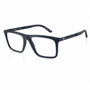 Matte black rectangular eyeglasses with clear lenses and a small silver embroidered logo on the temple, shown on a white background with a soft reflection.