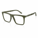 Olive green rectangular eyeglasses with a matte finish and a small silver logo on the temple arm, shown on a white background with a soft reflection.