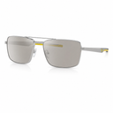 A pair of rectangular aviator-style sunglasses with silver metal frames, gray-tinted lenses, and a thin yellow accent strip on the upper part of the temples.