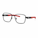 A pair of square metal eyeglass frames with a matte black finish and red accents on the temples, shown on a clean white background.