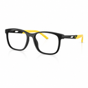 Black rectangular eyeglasses with yellow temple tips and yellow inner arms, shown on a clean white background.