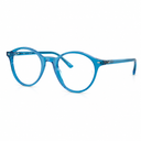 Blue translucent acetate eyeglasses with a round-to-oval shape, shown on a clean white background.