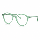 Round eyeglasses with light green frames on a white background.