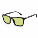 Black square sunglasses with yellow-green tinted lenses and small silver geometric accents on the temples, shown on a white background.