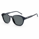 A pair of dark navy blue sunglasses with dark gray lenses, featuring the signature Emporio Armani eagle logo on the temple arm, set against a plain white background.