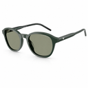 Dark green acetate sunglasses with olive green lenses, featuring a small silver logo on the temple arm, shown on a white background.