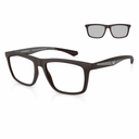 A pair of dark brown eyeglasses shown from the front, with a smaller inset view of the back temple. The Emporio Armani logo is visible on the temple.