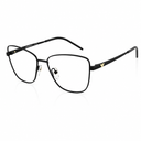 Black metal eyeglasses with a butterfly-square frame and a small logo accent on the temple, shown on a white background.