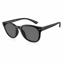 Black acetate sunglasses with dark gray lenses and the Emporio Armani eagle logo on the temple, shown on a white background.