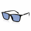 Black square sunglasses with blue lenses and silver triangular metal accents on the temples, shown on a white background with a soft reflection.