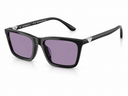 Black square sunglasses with purple tinted lenses and silver metal accents on the temples, shown on a white background.