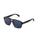Sunglasses with tortoiseshell frame and dark lenses on a white background