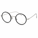 Round eyeglasses with black frames and silver accents on a white background