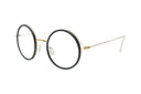 Round eyeglasses with balck and gold frame and black lenses on a white background