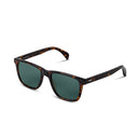 A pair of classic Wayfarer-style sunglasses with a dark brown and black tortoiseshell frame and dark green lenses, shown on a clean white background.