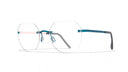 Rimless glasses with pink temples on a white background