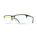 Black eyeglasses with yellow accents on a white background