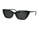 Black cat-eye sunglasses with dark green lenses, shown from a three-quarters angle on a plain white background.