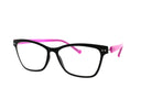 Black cat-eye eyeglasses with bright pink inner temples and pink temple tips, shown on a plain white background.