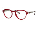 Red eyeglasses with silver accents on a white background
