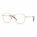 Gold metal eyeglass frames with a unique multi-sided geometric shape and dark temple tips, shown on a clean white background.