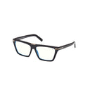 A pair of square-frame eyeglasses with a glossy black acetate frame, and light blue-tinted lenses.