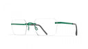 Rimless glasses with green temples on a white background