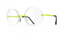 Rimless glasses with lime green temples on a white background