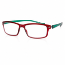 Rectangular eyeglasses with a glossy red front frame and translucent green temples, shown on a plain white background.
