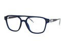 A pair of rectangular eyeglasses with a dark blue acetate frame, featuring a thin silver metal bridge and silver temple tips, shown against a plain white background.