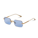 Rimless square sunglasses with light blue lenses and a gold metal frame, shown on a plain white background.