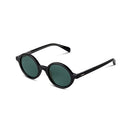 Black sunglasses with dark green lenses, shown at an angle on a plain white background.