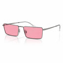 Silver metal frames with pink lenses on a white background.