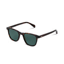 A pair of classic-style sunglasses with a dark brown tortoiseshell frame and dark green lenses, shown on a clean white background.