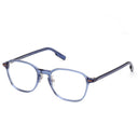 Blue square-framed eyeglasses on a white background.